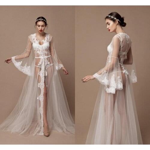 Sexy Women Kimono Bathrobe Ivory Bride Bridesmaid Wedding Robe Set Appliques Lace Trim Sleepwear Casual Home Clothes Nightwear