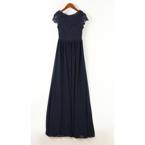 Real Picture Navy Blue 2021 Chiffon Bridesmaid Dresses Lace Top Scoop Cap Sleeves Bridesmaid Dress Plus Size for Women Wedding