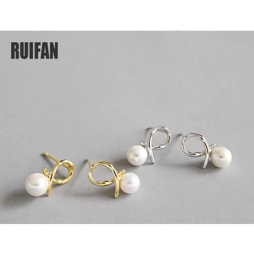 Ruifan Unique Geometric White Pearl White/18K Gold 100% 925 Sterling Silver Stud Earrings for Women Girls Fine Jewelry YEA423