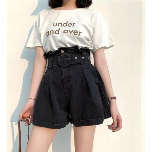 Plus 2XL Summer Casual Black Denim Shorts Women Belt Pocket High Waist Shorts Female Loose Jeans Shorts Streetwear bottoms 2020