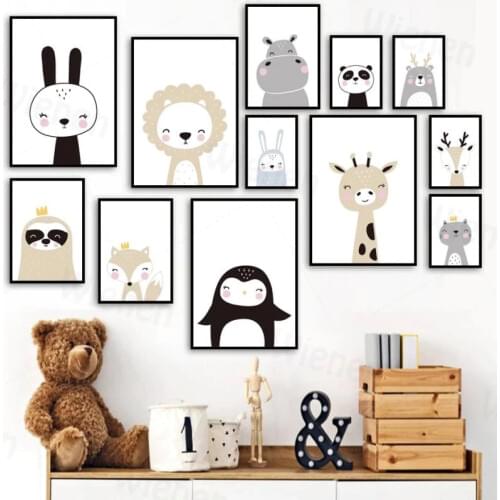 Nordic Cartoon Posters and Prints Baby Animals Lion Fox Deer Bear Rabbit Penguin Hippo Wall Decoration Nursery Girl Boy Room Wal
