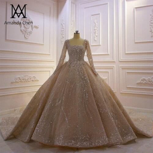 Amanda Novias Long Sleeves Lace Appliqued Pearls Champagne Wedding Dress 2021