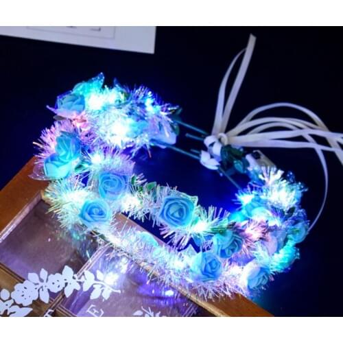 Led Flower Wreath garland gold silk colorful headband LED lights ribbon rattan fairy headdress Festival Wedding Party Decor