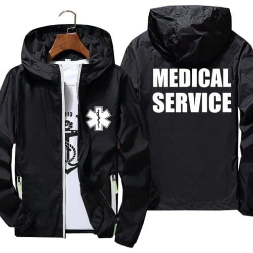 Mens Women EMT Paramedic Emergency Medical Services Hooded Thin Reflective Sunscreen Skin Jacket Windbreaker Coat Plus Size 7XL