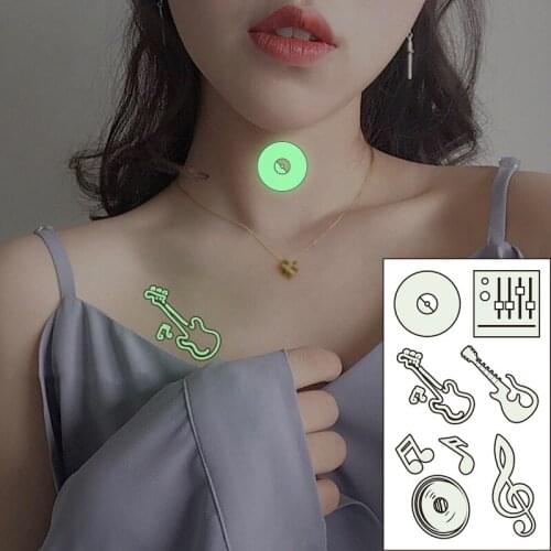 Waterproof Temporary Luminous Tattoo Sticker Music Note Guitar Record Disc Player Flash Tatoo Fake Tatto for Women Men