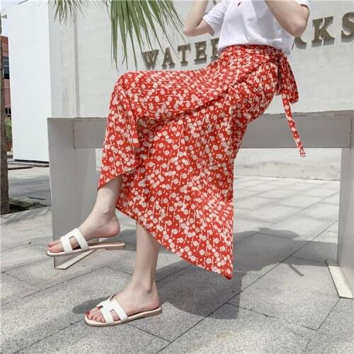 All-match Sexy Womens Lace-up Printed Long Skirt, High Waist, Loose and Thin Womens Clothing, Holiday Sunscreen Chiffon Skirt