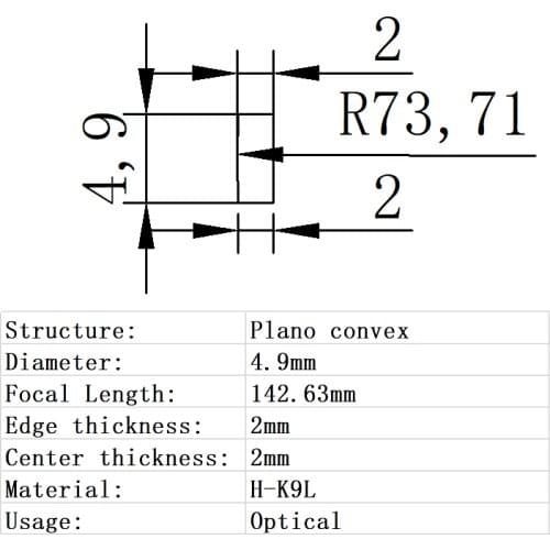 Plano Convex Lens Diameter 4.9mm Focal Length 142.63mm H-K9L Glass Lens Optical Glass Optical Lens