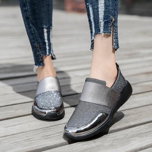 Bright PU Stylish Women Flat Walking Shoes Bling Running Shoes Light Lady Office Shoes Loafer For Wedding Zapatillas Mujer 42