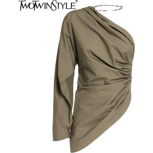 TWOTWINSTYLE White Casual Patchwork Chain T Shirt For Women Skew Collar Long Sleeve One Off Shoulder T Shirts Female 2021 Summer