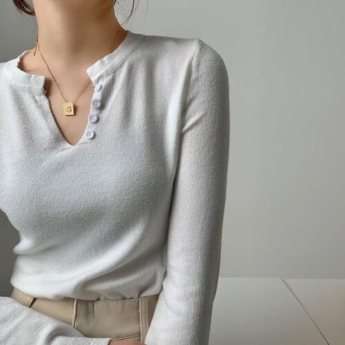 Autumn 2020 Korean Fashion Clothing Simple V-neck Shirts Womens Black Long Sleeve Top Casual Button Solid White Blusas 0896