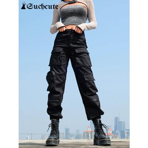 SUCHCUTE High Waist Tooling Pants For Women Plus Size Pockets Hot Lasdies Street Wear Patchwork Pencil Sweat Bottom Korean Style