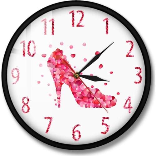 Pink Fashion Wall Art Woman Bedroom Pink Rose Petal Style High Heels Shoe Silent Wall Clock Girly Home Decor Hanging Wall Watch