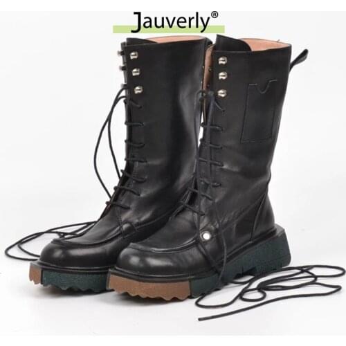 Autumn Winter Womens Knight Boots 2021 New Leather Platform Mid Calf Boots Lace Up Round Toe Mujer British Cross Tied Booties