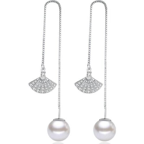 925 Sterling Silver Fan-shaped Pearl Earrings For Women Chain Earrings pendientes brincos