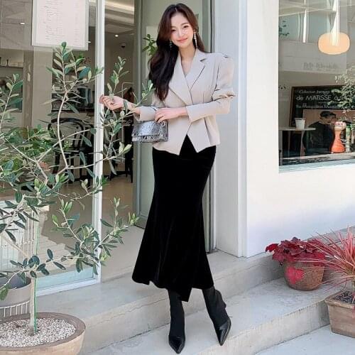 Autumn New Temperament Women Lapel Coat + Vest + Chic Velvet Mermaid Long Skirts Fashion Office Lady business 3 Pieces Set