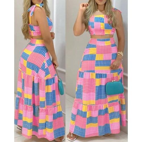 2021 Women Sexy Plaid Colorblock Tied Crop Top Summer Spaghetti Strap Vest Tops Casual High Waist Two Pieces Suit Maxi Skirt Set