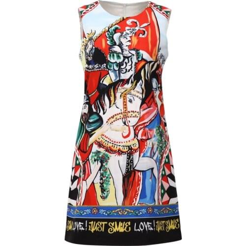 DIDABOLE Designer High Quality Party New Summer Womens Vintage Elegant Print Gorgeous Diamond Round Neck Vest Casual Mini Dress