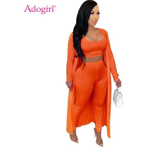 Adogirl Solid Casual Ribbed Three Piece Set Fall Winter Tank Crop Top Pencil Pants Long Sleeve Maxi Cardigan Home Outdoor Suit