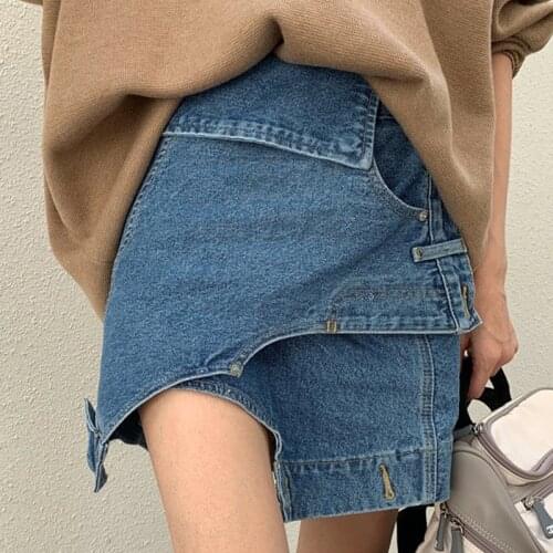 Irregular High Waist Denim Skirt Women Korean Solid Loose Denim Skirt Woman Casual Waist Slim Split Skirts Ladies Summer 2021