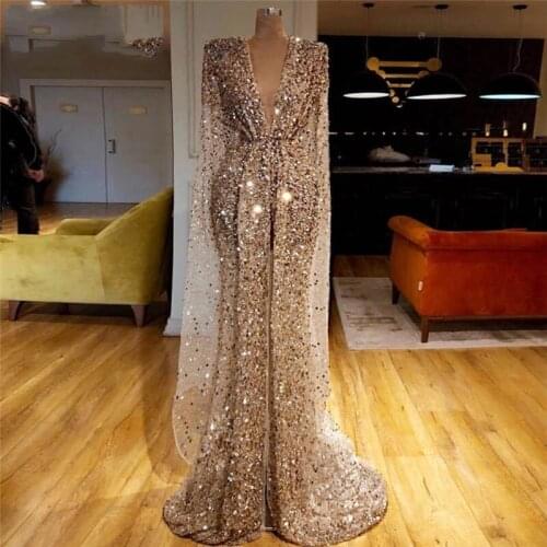 Sparkly Champagne Gold Middle East Kaftan Evening Dress Sexy V neckDubai Islamic Long Prom Dresses Mermaid Celebrity Party Gowns