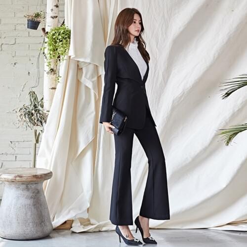 Black Work Pant Suits OL 2 Piece Sets Singer Breasted Solid Blazer Jacket & Flare Trousers Suit For Women Set Feminino Autumn