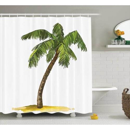 Palm Tree Decor Shower Curtain Cartoon Palms Image Tropical Plant and Sand Serenity Nature Foliage Print Fabric Bathroom Decor