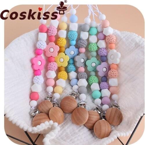 Coskiss Baby Pacifier Chain Clip Dummy Holder For Nipples Clips Silicone Flower Shape Teething Beads Baby Birthday Gifts