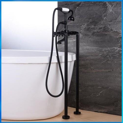 Quality assurance Black Floor Mounted Bathroom Tub Shower Faucets Free Standing Bathtub Shower Mixer Taps with Hand Sprayer