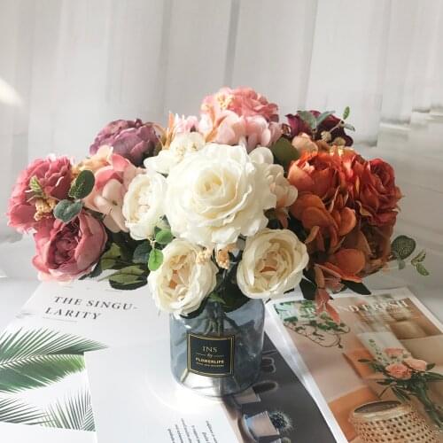 Beautiful Hydrangea Roses Artificial Flowers for Home Wedding Decorations High Quality Autumn Bouquet Mousse Peony Fake Flower