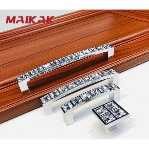 MAIKAK Crystal Glass Knobs Cabinet Handles Silver Crystal Cupboard Pulls Drawer Knobs Kitchen Furniture Handle Hardware