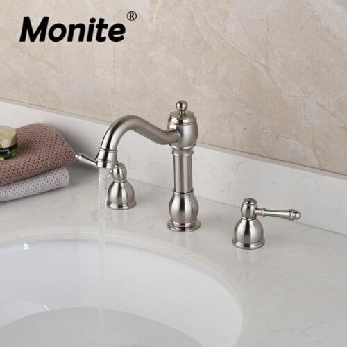 Monite Nickel Brushed Bathroom Wash Basin Sink Tap Solid Brass Vessel 3 Pcs Dual Handles Swivel Spray Bathtub Mixer Tap Faucet