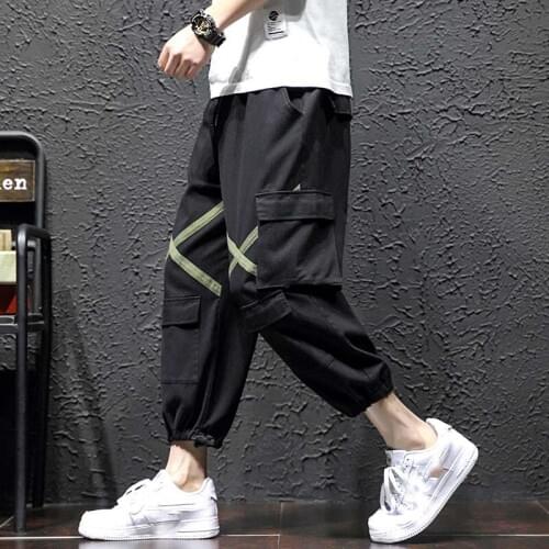 Outdoor 2019 Spring Autumn Ribbon loose Drawstring Elastic waist Straight harem pants men teenagers Multi pocket trousers