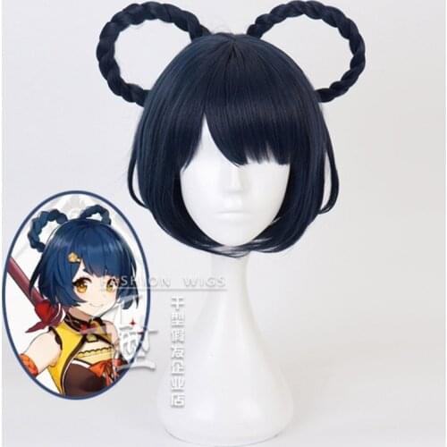 30cm Game Genshin Impact Project Xiangling Wig Cosplay Wigs Playing Powder Dark Blue Hair Halloween 1:1 Wigs