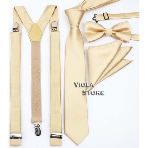 Pink khaki Green Satin Polyester Solid Suspenders Bow Tie Hankie Sets Men Braces Adjustable Straps Wedding Male Accessory Gift