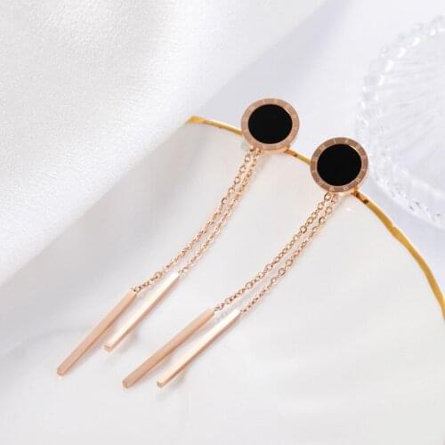 Trendy Roman Numerals Black Shell Tassels Chain Drop Earrings For Women No Fading Stainless Steel Ear Line Jewelry Female Gift