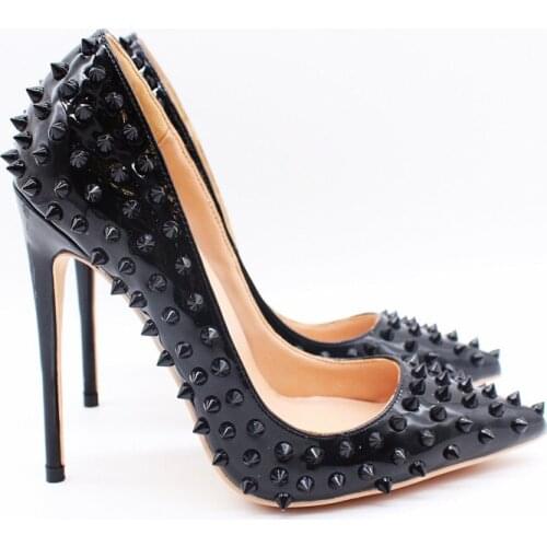 Free shipping fashion women Pumps lady Black patent leather spikes Pointy toe high heels shoes 12cm 10cm 8cm bride wedding shoes