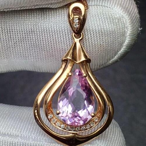Fine Jewelry Real Pure 18 K Rose Gold Jewelry 100% Natural Kunzite 3.4ct Gemstone Diamonds Pendant Neckalces for Women