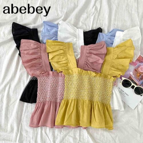 2021 New Summer Women Sweet All-match square collar Ruffle Blouse ruched slim fit short solid Shirt Top