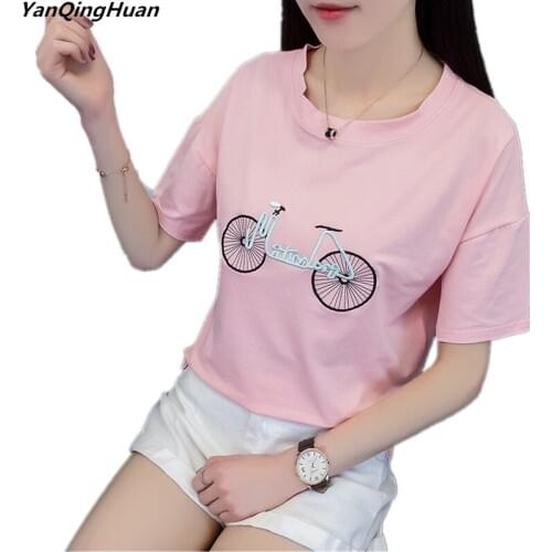 2018 New Summer Fashion Pink T-shirt Womens Sweet Embroidery Harajuku Short Sleeve Womens High Quality Cotton T-shirt Top