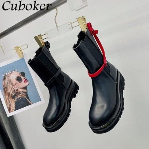 Fashion Brand Runway Women Martin Boots Round Toe Slip On Mid Calf Female Short Boots Genuine Leather High Quality Shoes Women