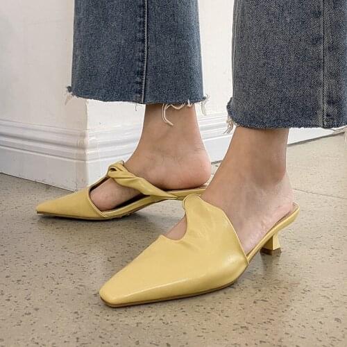 QZYERAI Fashion Slippers Women Shoes Pointed Toe Genuine Leather 4Cm Heels Sandals New Style Woman Mules Brand Summer Shoes