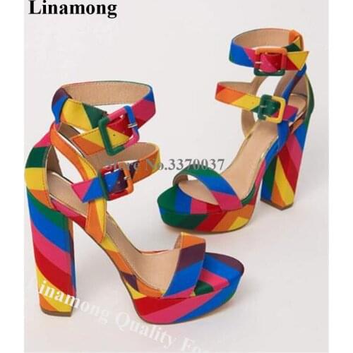 Linamong Rainbow Mixed-colors High Platform Chunky Heel Gladiator Sandals Suede Leather Ankle Buckles High Heel Sandals Shoes