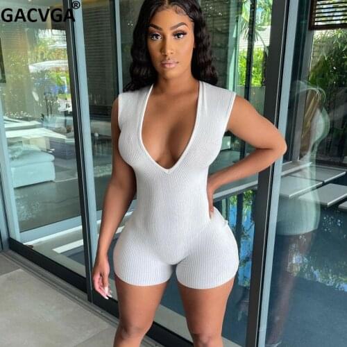 GACVGA Rib Knitted Sexy Bodycon Playsuit Women Casual Short Jumpsuit Ladies Black White Summer Romper Sport Fitness Outfits