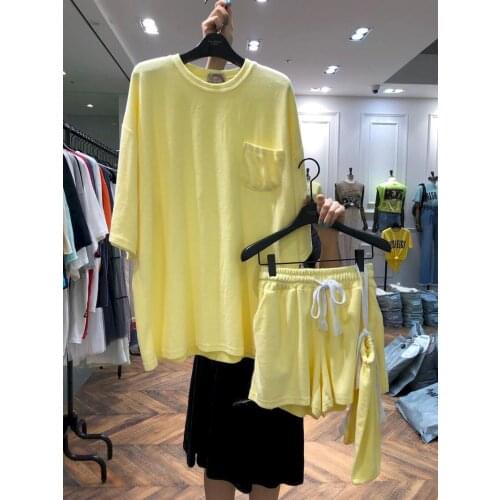 2021 Summer New Womens Suit Casual Sports Suit Korea Solid Color Loose Round Neck Short Sleeve T-shirt Short Pants Two Piece Set