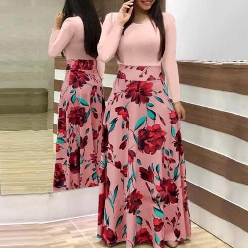 Women O Neck Long Short Sleeve Floral Print Large Hem Waist Tight Maxi Dress