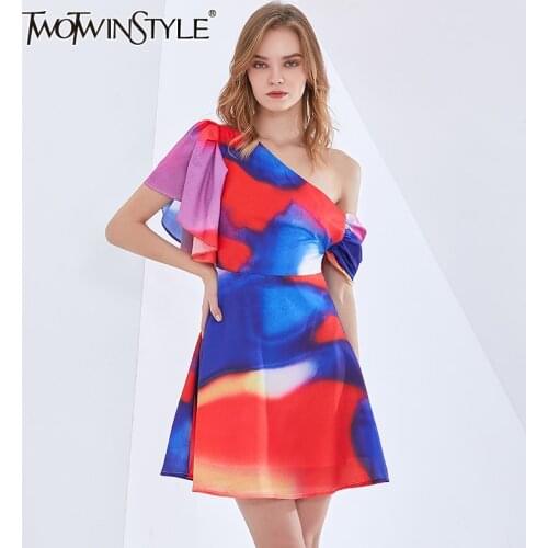TWOTWINSTYLE Sexy Print Tie Dye Dress For Women Asymmetrical Collar Short Sleeve High Waist Hit Color Dresses Female Fashion New