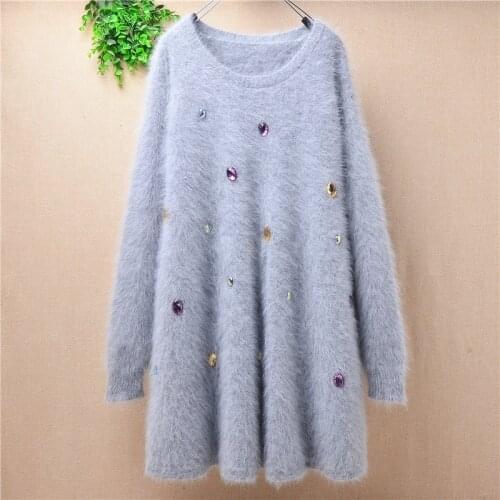 Winter women femmn fashion medium-long mink cashmere knitted sweater dress slim long sleeves sequined rabbit fur pullover