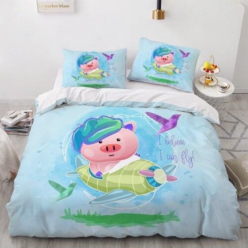 3D Luxury Bedding Set Duvet Cover Set Comforter Single King Queen Double Single Size Blue Pig Cartoon Design Custom Bedclothes