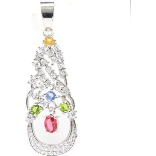 45x15mm Bohemia Design Created Multi Color Garnet Violet Tanzanite Peridot Citrine White CZ Womans Silver Pendant