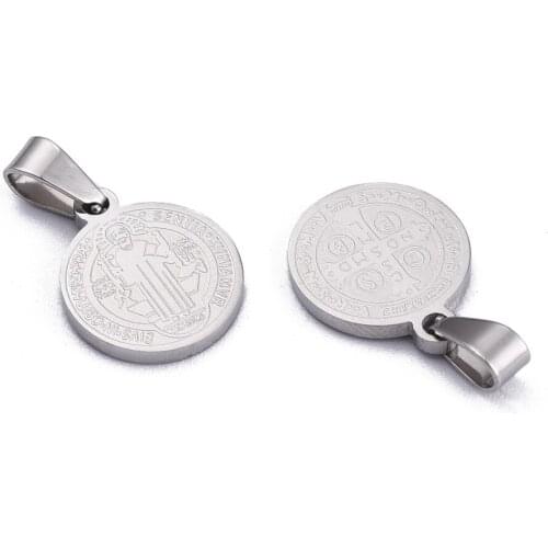 Flat Round with San Benito & Word 304 Stainless Steel Charms, Stainless Steel Color, 14x12x1.2mm, Hole: 4x6.5mm